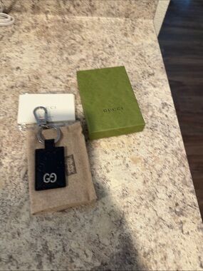 Gucci Black Leather GG Key Fob with Silver Hardware
